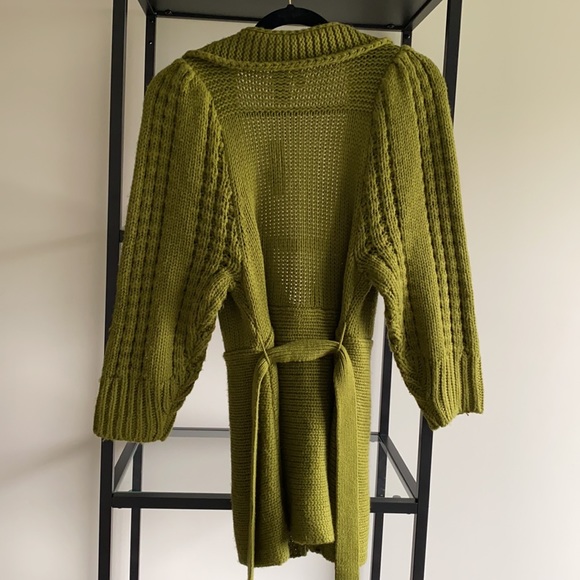 Bisou Bisou Green Chunky Collared Tie Waist Knit One-Button 3/4 Sleeve Cardigan - Picture 9 of 9